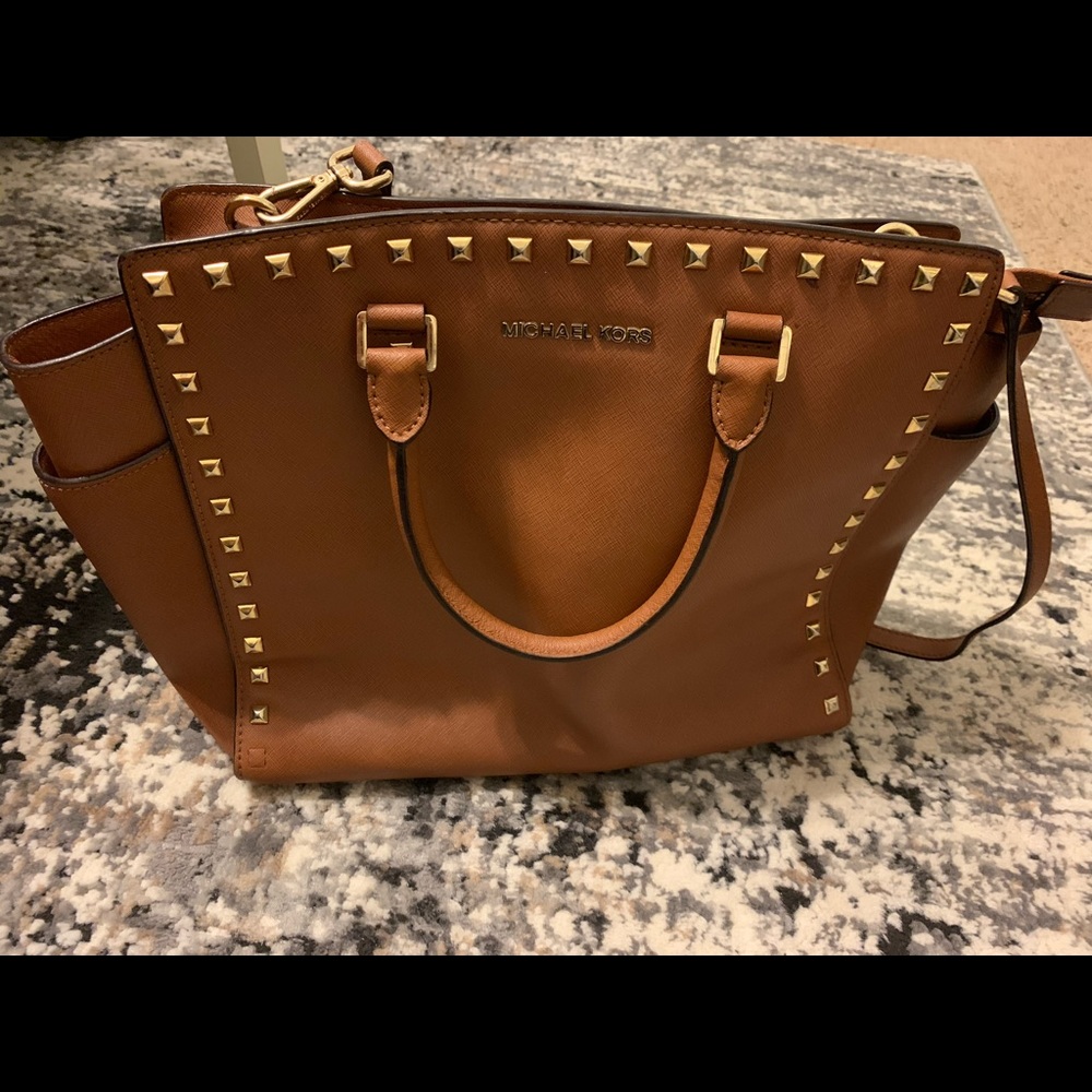 Michael Kors Large BROWN Selma Studded Gold Saffiano Tote Satchel